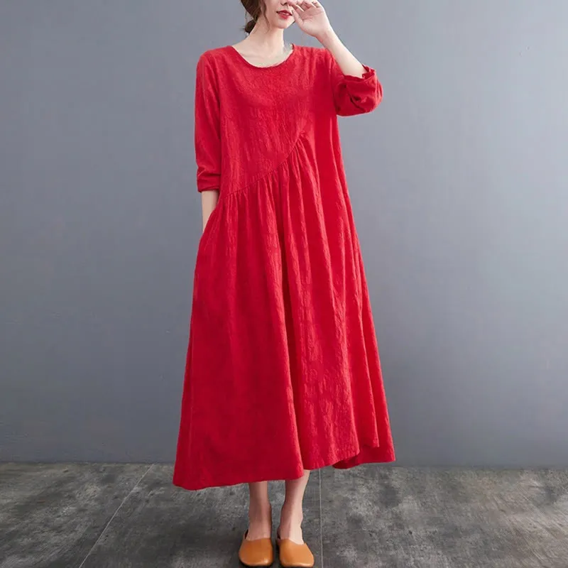 Buddha Stones Smiple Jacquard Pattern Long Sleeve Cotton Linen Women's Midi Dress With Pockets