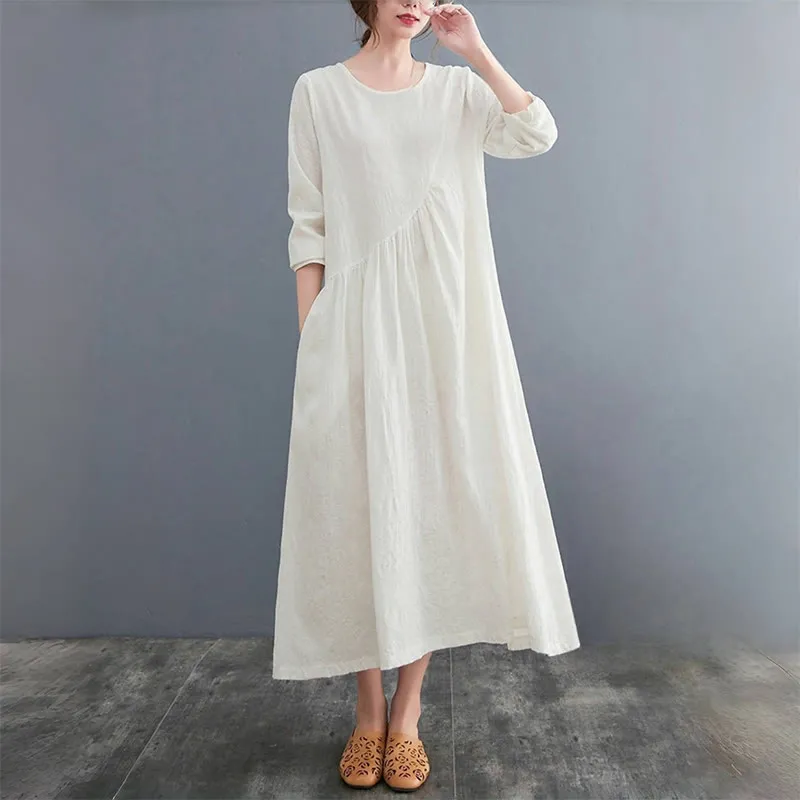 Buddha Stones Smiple Jacquard Pattern Long Sleeve Cotton Linen Women's Midi Dress With Pockets