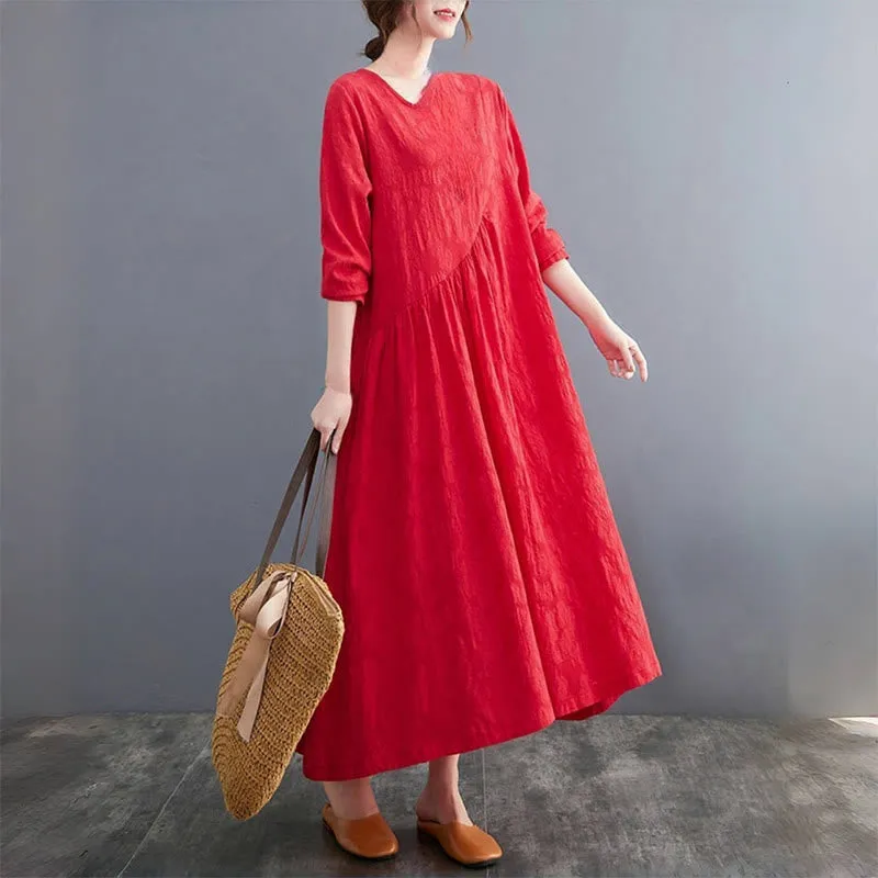 Buddha Stones Smiple Jacquard Pattern Long Sleeve Cotton Linen Women's Midi Dress With Pockets