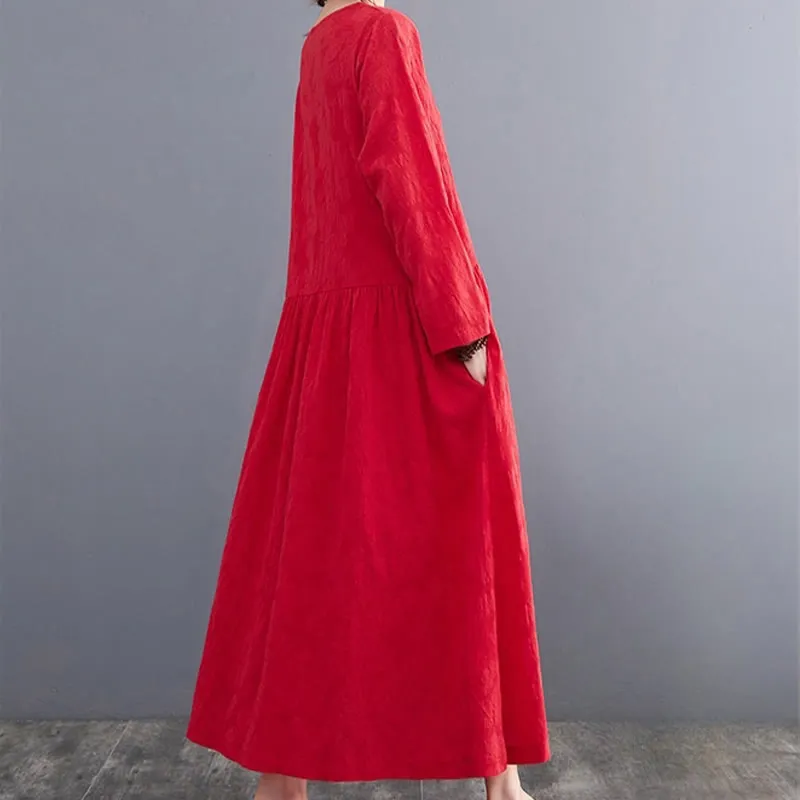 Buddha Stones Smiple Jacquard Pattern Long Sleeve Cotton Linen Women's Midi Dress With Pockets