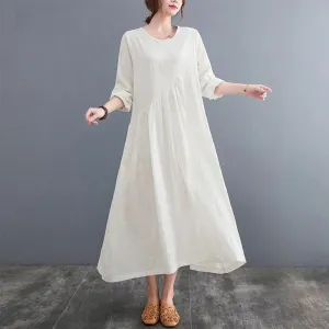 Buddha Stones Smiple Jacquard Pattern Long Sleeve Cotton Linen Women's Midi Dress With Pockets