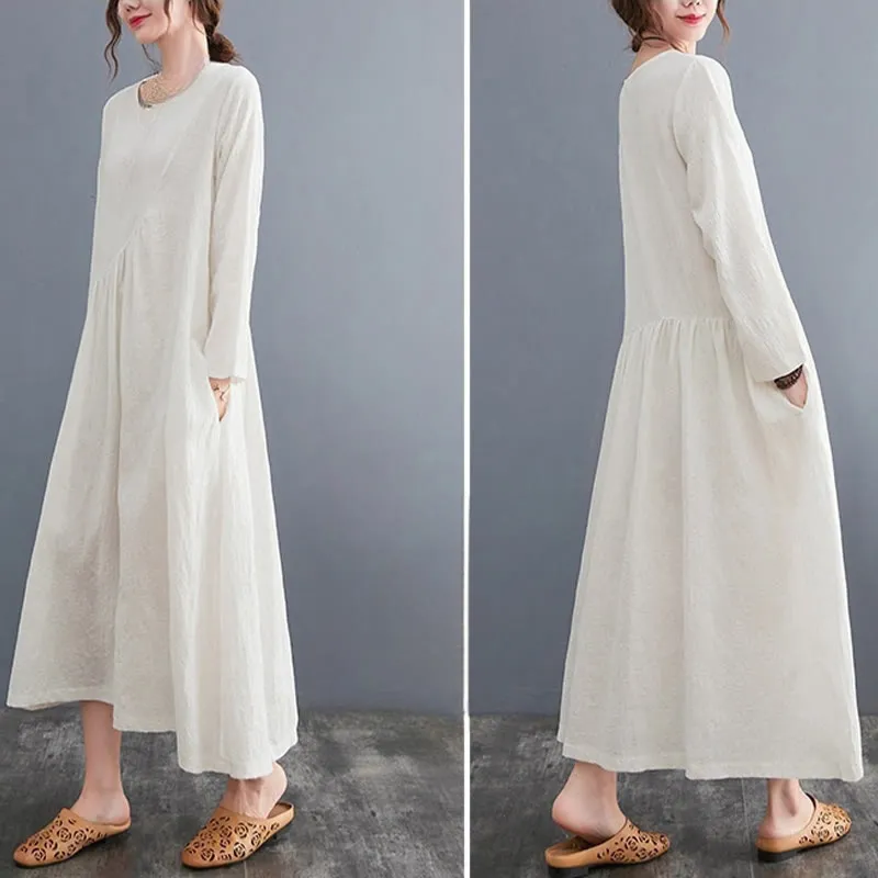 Buddha Stones Smiple Jacquard Pattern Long Sleeve Cotton Linen Women's Midi Dress With Pockets