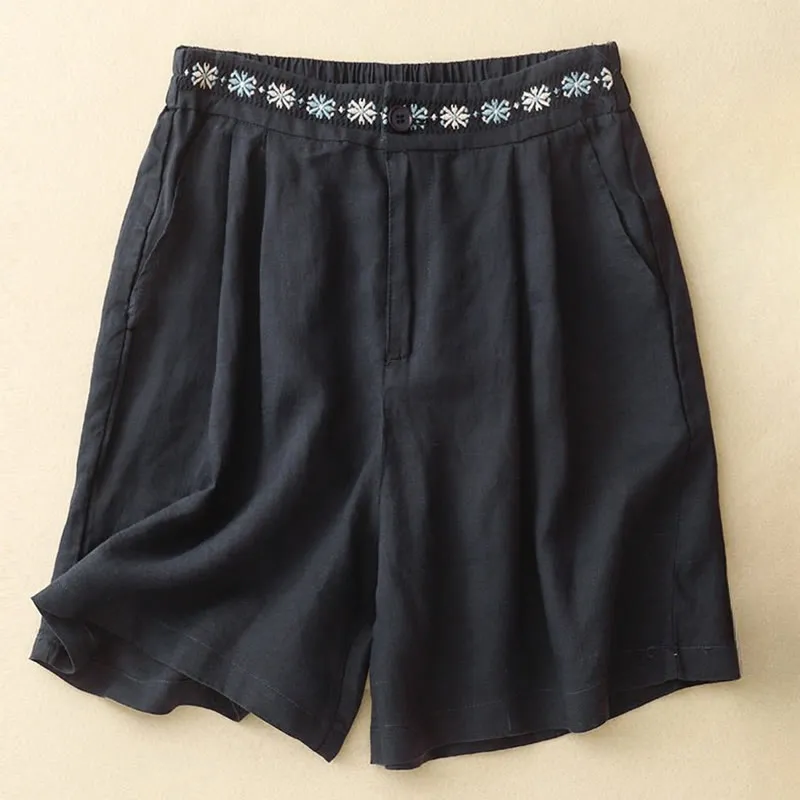 Buddha Stones Summer Casual Embroidery Flower Pleated Zipper Button Cotton Linen Women's Shorts With Pockets
