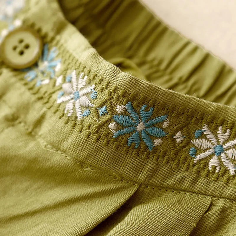 Buddha Stones Summer Casual Embroidery Flower Pleated Zipper Button Cotton Linen Women's Shorts With Pockets