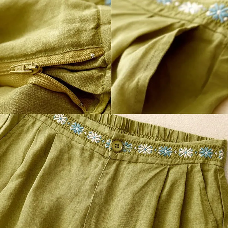 Buddha Stones Summer Casual Embroidery Flower Pleated Zipper Button Cotton Linen Women's Shorts With Pockets