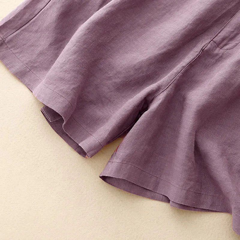 Buddha Stones Summer Casual Embroidery Flower Pleated Zipper Button Cotton Linen Women's Shorts With Pockets
