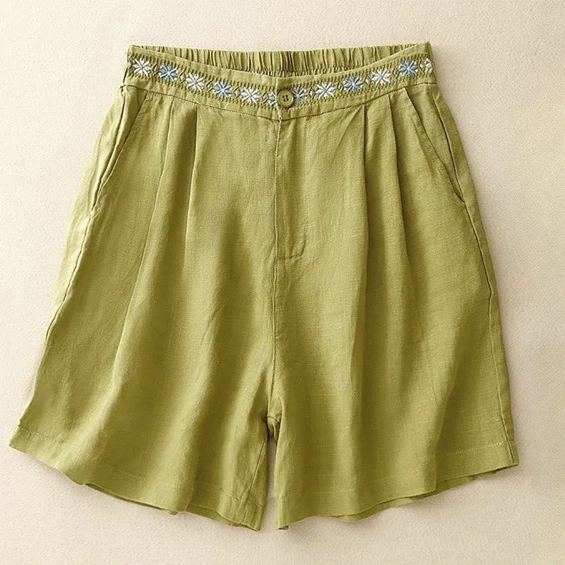 Buddha Stones Summer Casual Embroidery Flower Pleated Zipper Button Cotton Linen Women's Shorts With Pockets