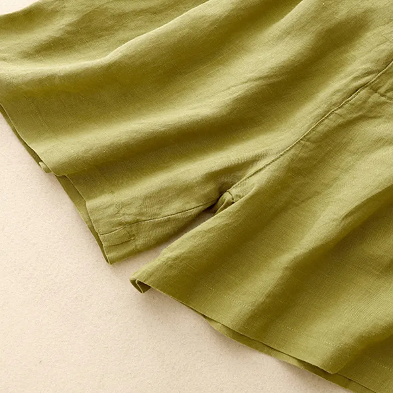 Buddha Stones Summer Casual Embroidery Flower Pleated Zipper Button Cotton Linen Women's Shorts With Pockets