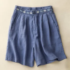 Buddha Stones Summer Casual Embroidery Flower Pleated Zipper Button Cotton Linen Women's Shorts With Pockets