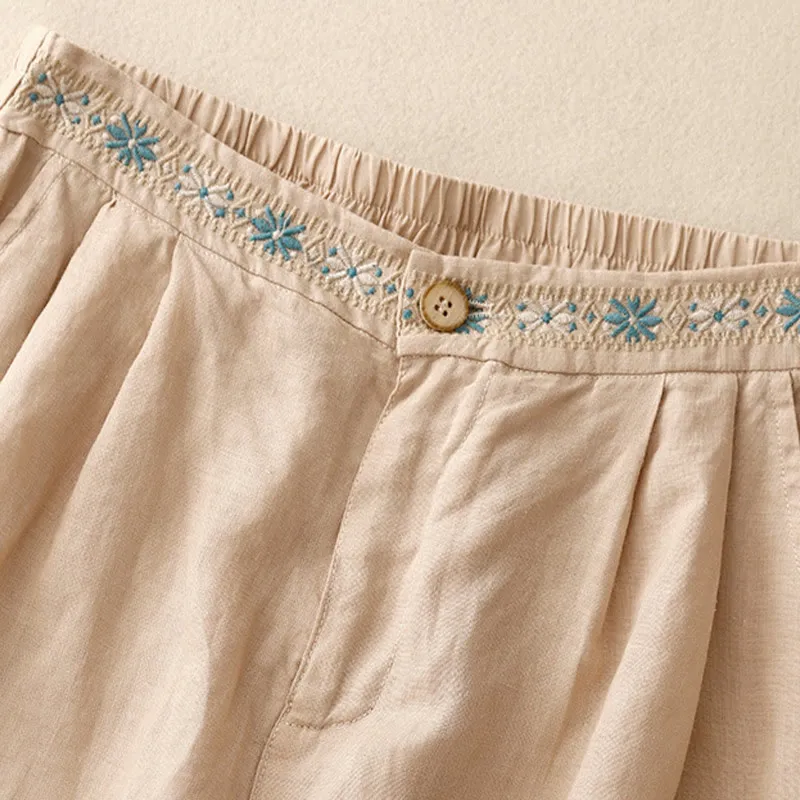 Buddha Stones Summer Casual Embroidery Flower Pleated Zipper Button Cotton Linen Women's Shorts With Pockets