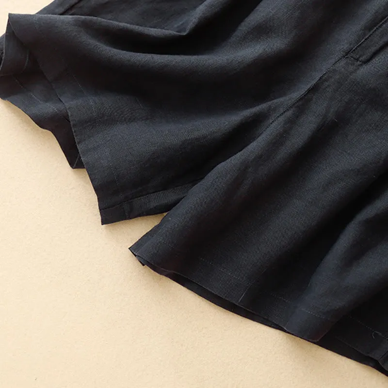 Buddha Stones Summer Casual Embroidery Flower Pleated Zipper Button Cotton Linen Women's Shorts With Pockets