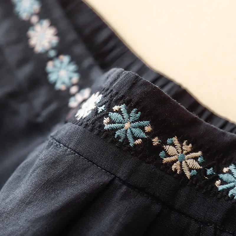 Buddha Stones Summer Casual Embroidery Flower Pleated Zipper Button Cotton Linen Women's Shorts With Pockets