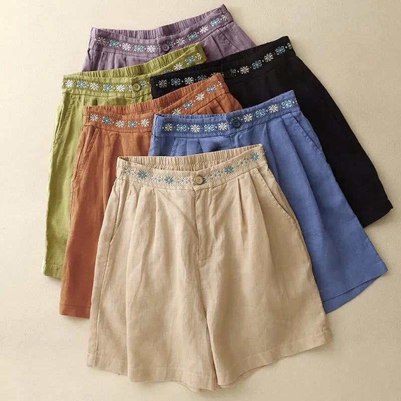 Buddha Stones Summer Casual Embroidery Flower Pleated Zipper Button Cotton Linen Women's Shorts With Pockets