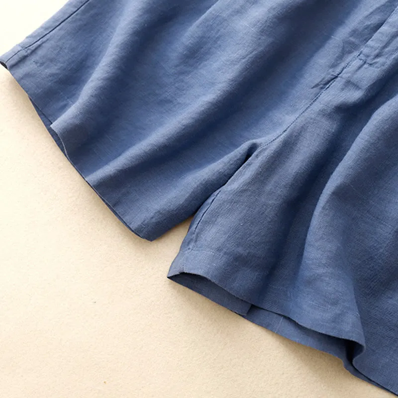 Buddha Stones Summer Casual Embroidery Flower Pleated Zipper Button Cotton Linen Women's Shorts With Pockets