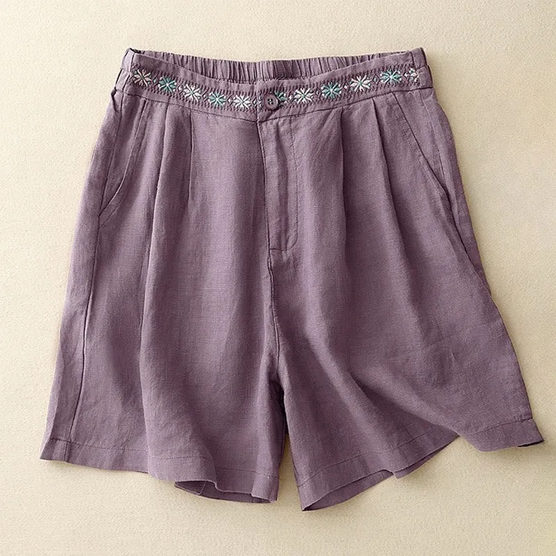 Buddha Stones Summer Casual Embroidery Flower Pleated Zipper Button Cotton Linen Women's Shorts With Pockets