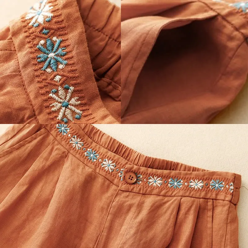 Buddha Stones Summer Casual Embroidery Flower Pleated Zipper Button Cotton Linen Women's Shorts With Pockets
