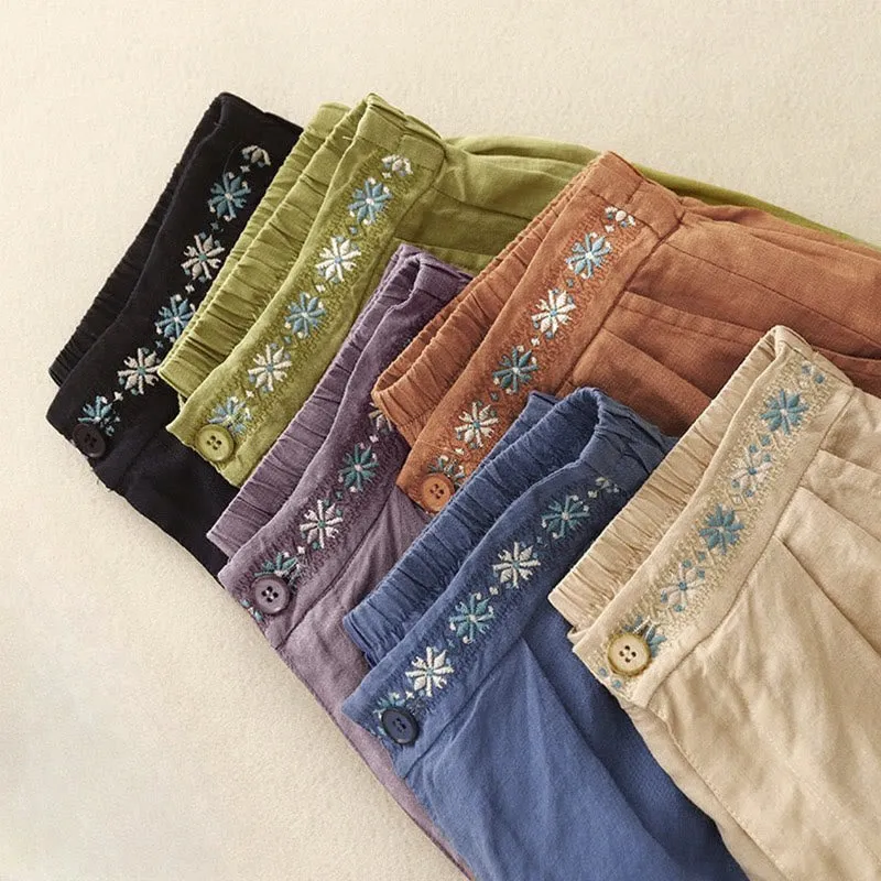 Buddha Stones Summer Casual Embroidery Flower Pleated Zipper Button Cotton Linen Women's Shorts With Pockets