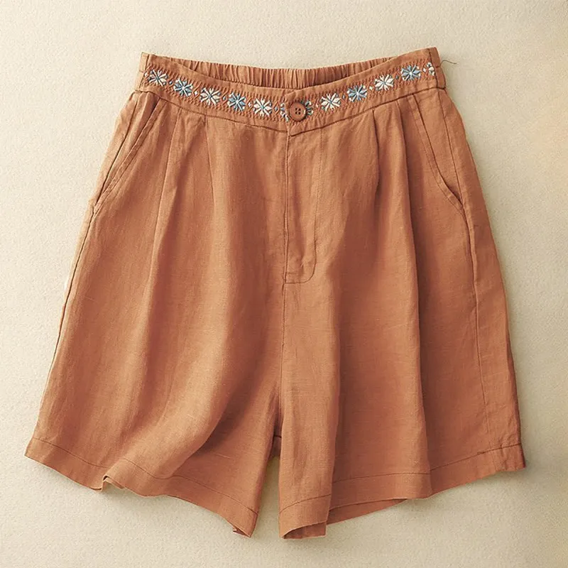 Buddha Stones Summer Casual Embroidery Flower Pleated Zipper Button Cotton Linen Women's Shorts With Pockets