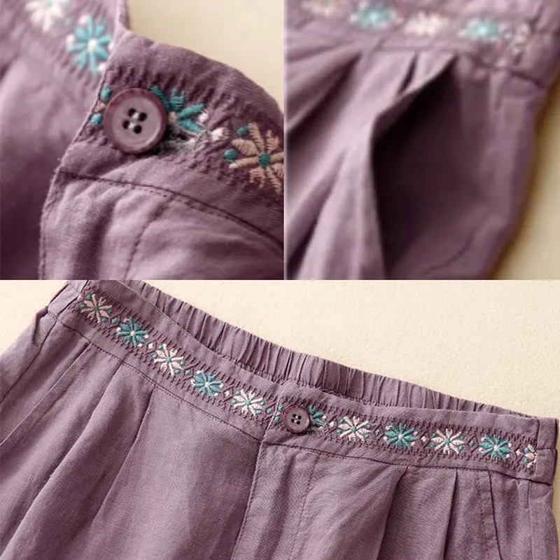 Buddha Stones Summer Casual Embroidery Flower Pleated Zipper Button Cotton Linen Women's Shorts With Pockets