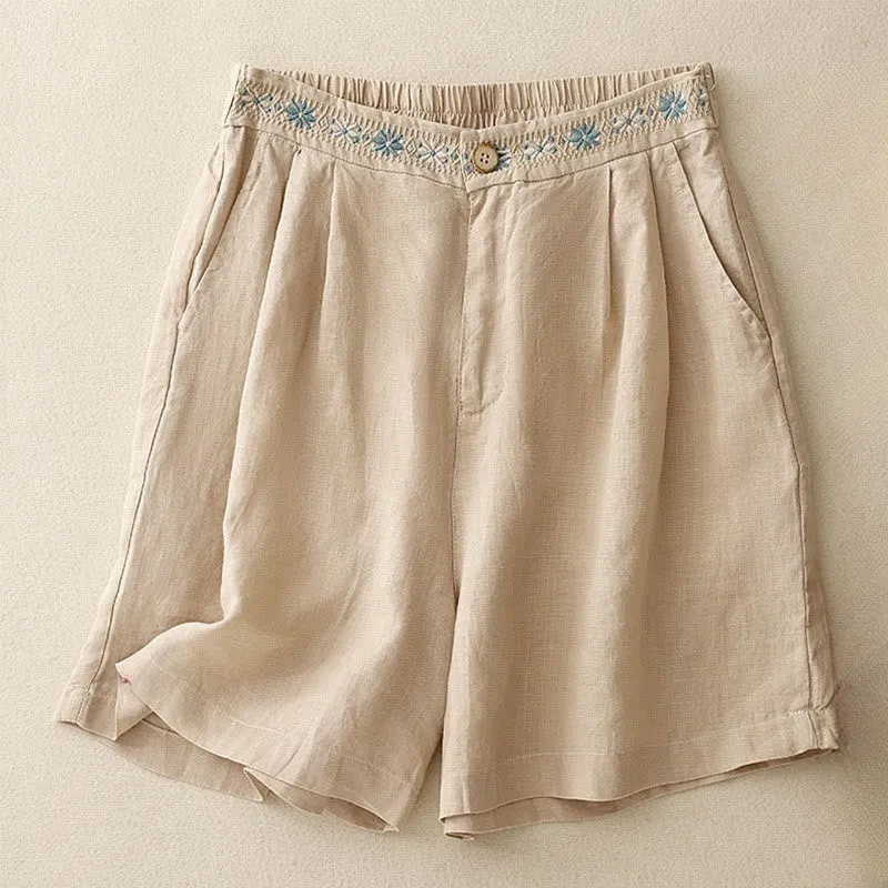 Buddha Stones Summer Casual Embroidery Flower Pleated Zipper Button Cotton Linen Women's Shorts With Pockets