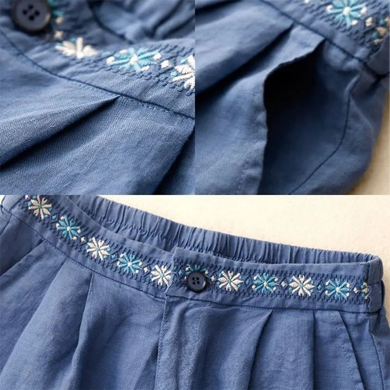 Buddha Stones Summer Casual Embroidery Flower Pleated Zipper Button Cotton Linen Women's Shorts With Pockets