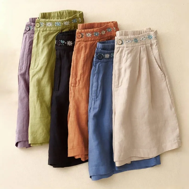 Buddha Stones Summer Casual Embroidery Flower Pleated Zipper Button Cotton Linen Women's Shorts With Pockets