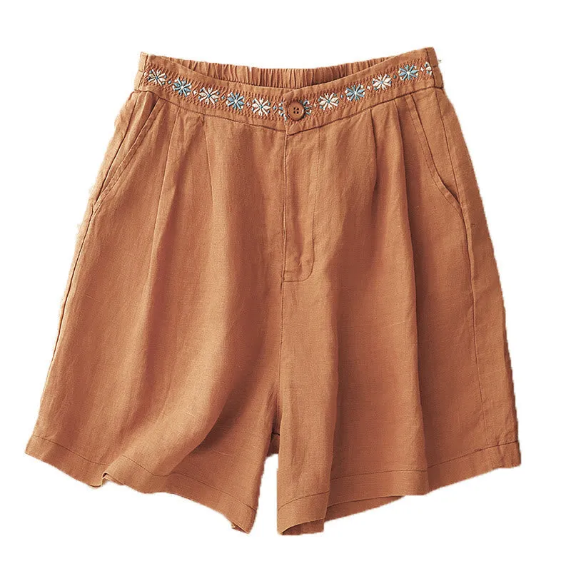 Buddha Stones Summer Casual Embroidery Flower Pleated Zipper Button Cotton Linen Women's Shorts With Pockets