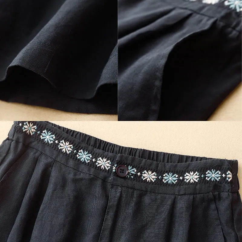 Buddha Stones Summer Casual Embroidery Flower Pleated Zipper Button Cotton Linen Women's Shorts With Pockets