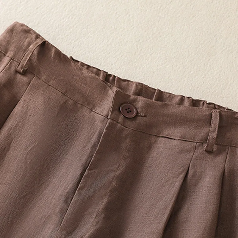 Buddha Stones Summer Casual Pure Color Cotton Linen Women's Shorts With Pockets