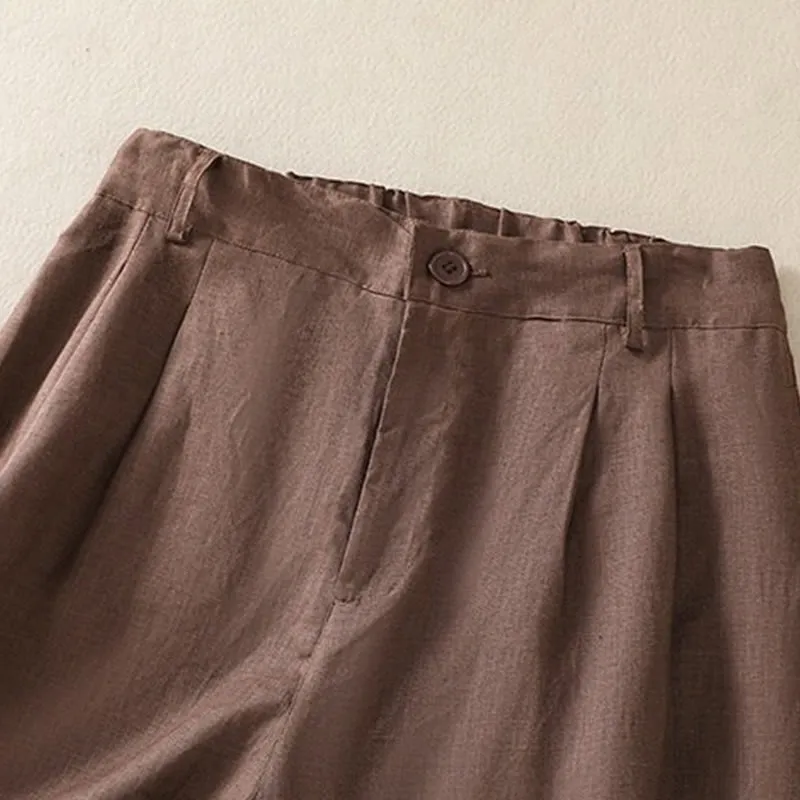 Buddha Stones Summer Casual Pure Color Cotton Linen Women's Shorts With Pockets
