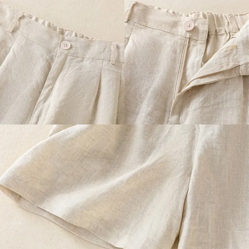 Buddha Stones Summer Casual Pure Color Cotton Linen Women's Shorts With Pockets