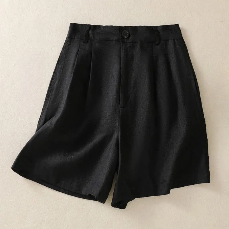 Buddha Stones Summer Casual Pure Color Cotton Linen Women's Shorts With Pockets