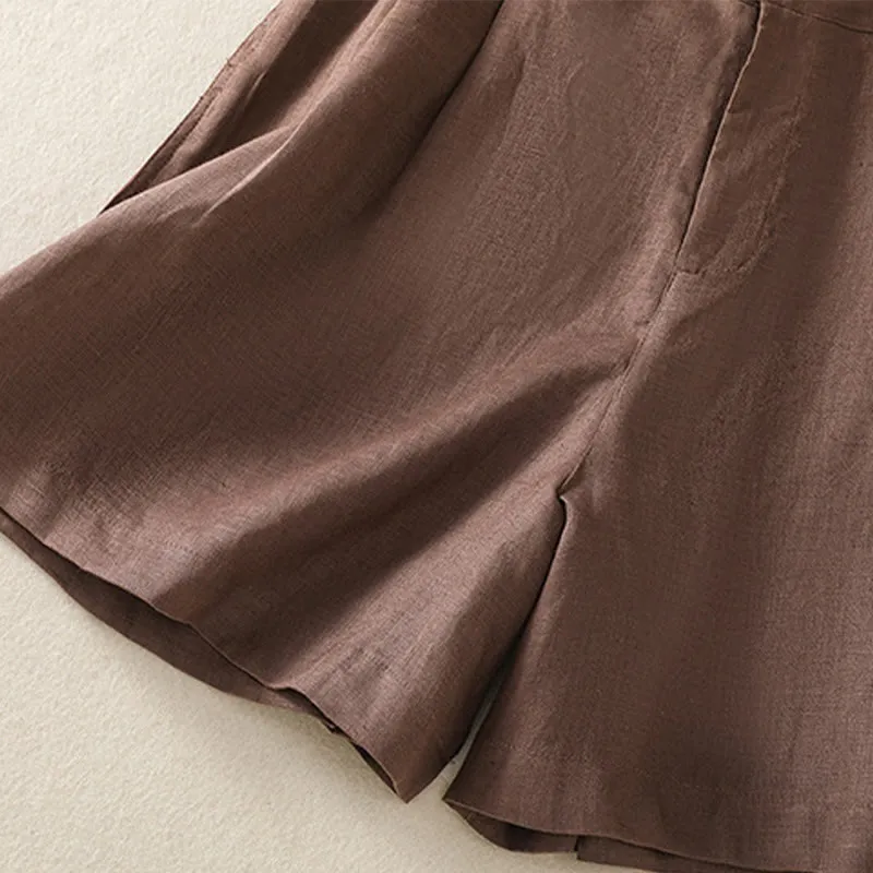Buddha Stones Summer Casual Pure Color Cotton Linen Women's Shorts With Pockets