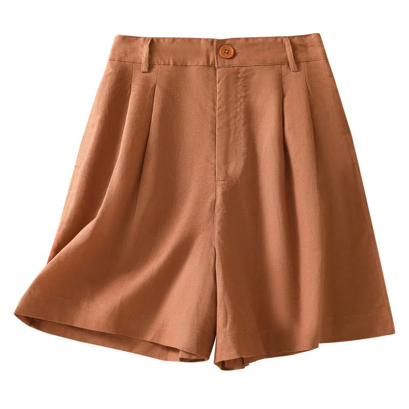 Buddha Stones Summer Casual Pure Color Cotton Linen Women's Shorts With Pockets