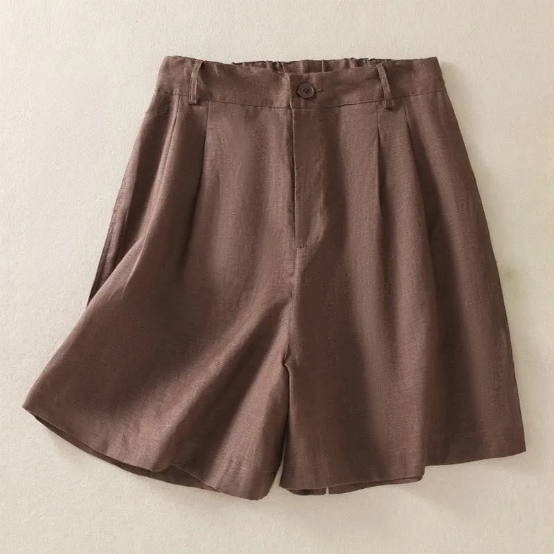 Buddha Stones Summer Casual Pure Color Cotton Linen Women's Shorts With Pockets