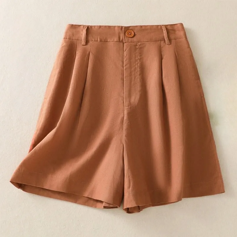 Buddha Stones Summer Casual Pure Color Cotton Linen Women's Shorts With Pockets
