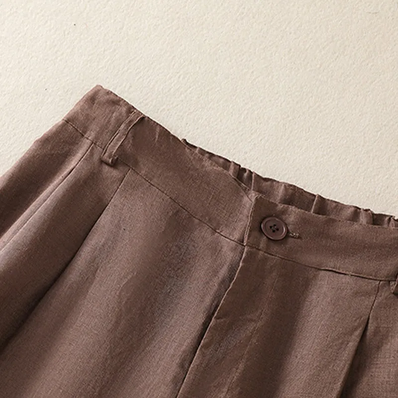 Buddha Stones Summer Casual Pure Color Cotton Linen Women's Shorts With Pockets