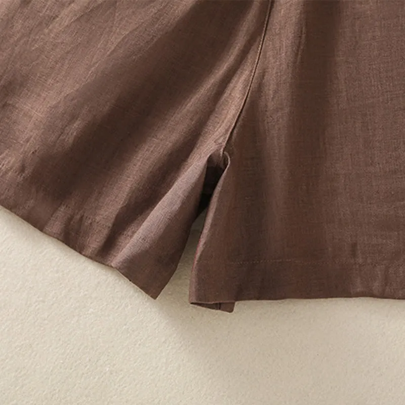 Buddha Stones Summer Casual Pure Color Cotton Linen Women's Shorts With Pockets