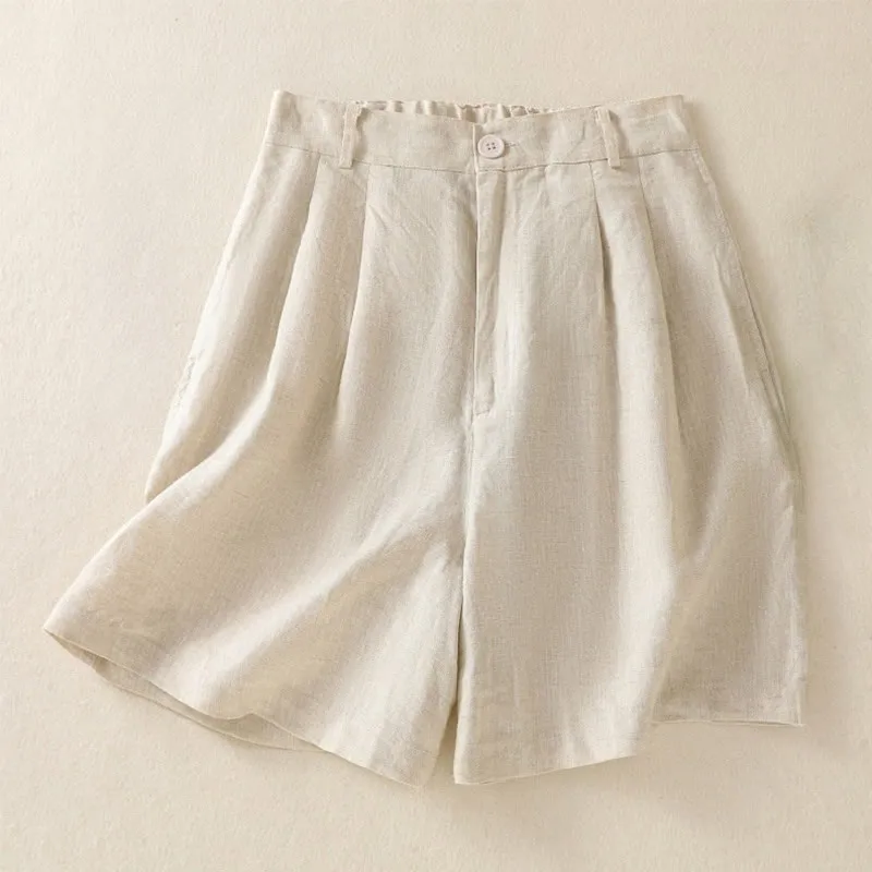 Buddha Stones Summer Casual Pure Color Cotton Linen Women's Shorts With Pockets