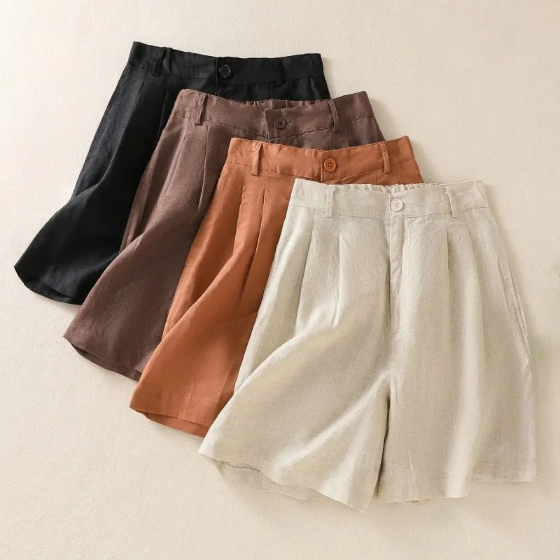 Buddha Stones Summer Casual Pure Color Cotton Linen Women's Shorts With Pockets