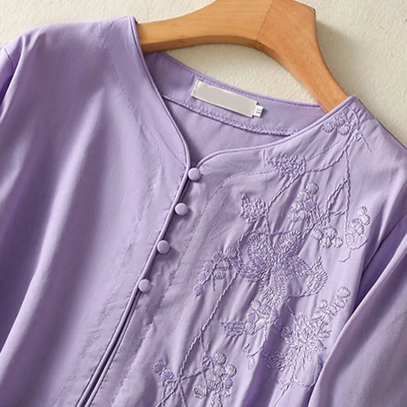 Buddha Stones Summer Orchid Embroidery Lace-Up V-Neck Half Sleeve Cotton Linen Midi Dress With Pockets
