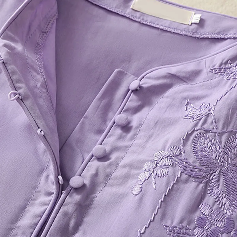 Buddha Stones Summer Orchid Embroidery Lace-Up V-Neck Half Sleeve Cotton Linen Midi Dress With Pockets