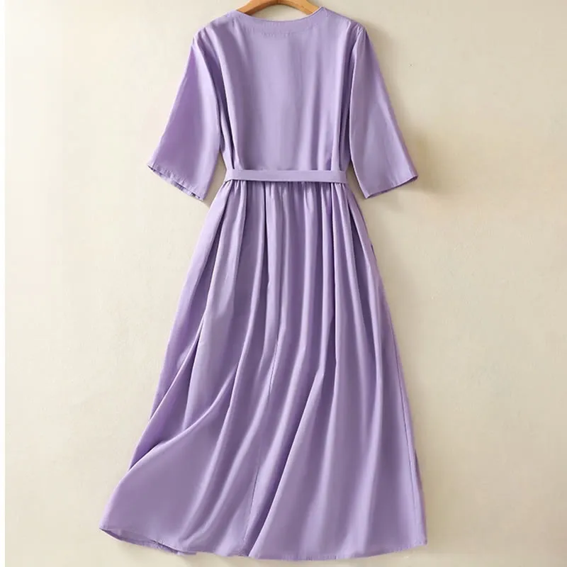 Buddha Stones Summer Orchid Embroidery Lace-Up V-Neck Half Sleeve Cotton Linen Midi Dress With Pockets