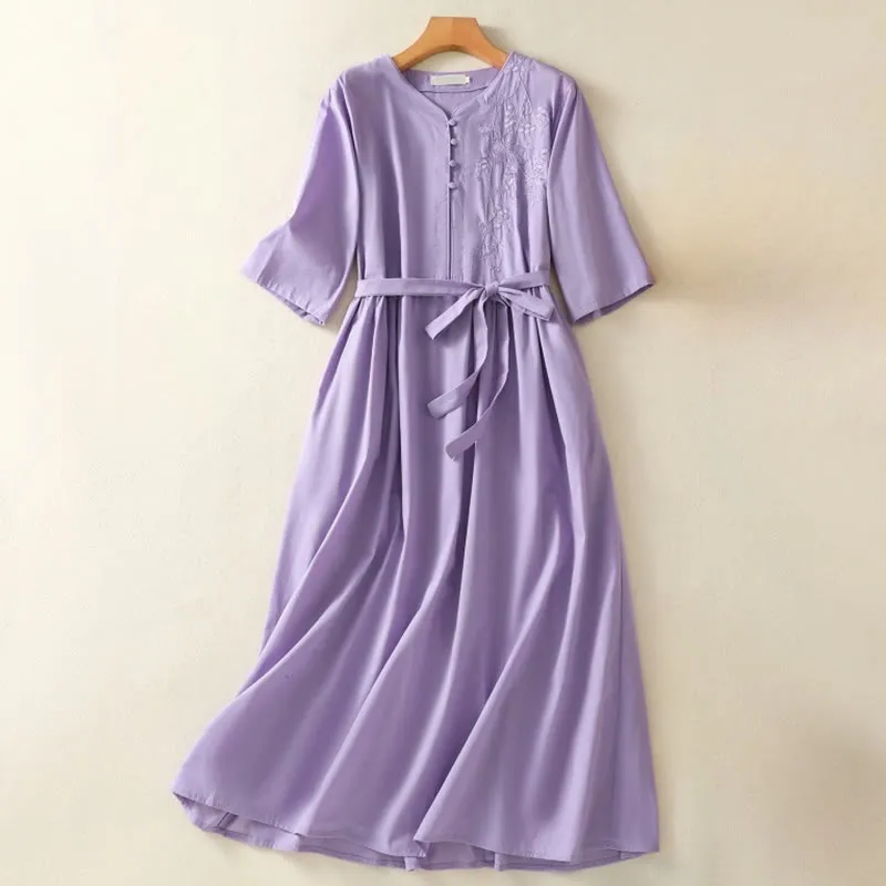 Buddha Stones Summer Orchid Embroidery Lace-Up V-Neck Half Sleeve Cotton Linen Midi Dress With Pockets