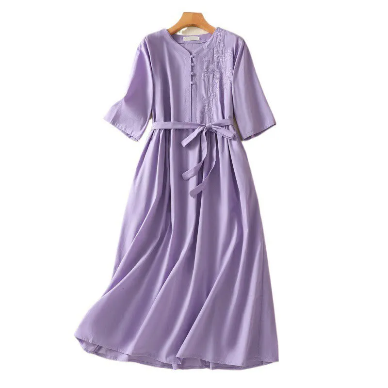 Buddha Stones Summer Orchid Embroidery Lace-Up V-Neck Half Sleeve Cotton Linen Midi Dress With Pockets