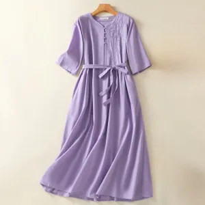 Buddha Stones Summer Orchid Embroidery Lace-Up V-Neck Half Sleeve Cotton Linen Midi Dress With Pockets