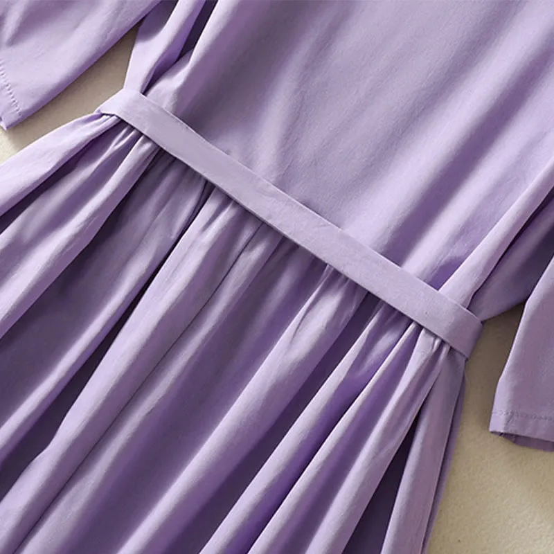 Buddha Stones Summer Orchid Embroidery Lace-Up V-Neck Half Sleeve Cotton Linen Midi Dress With Pockets