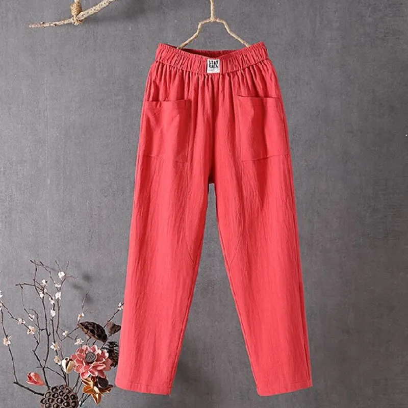 Buddha Stones Summer Pure Color Elastic Waist Cotton Linen Women's Harem Pants With Pockets
