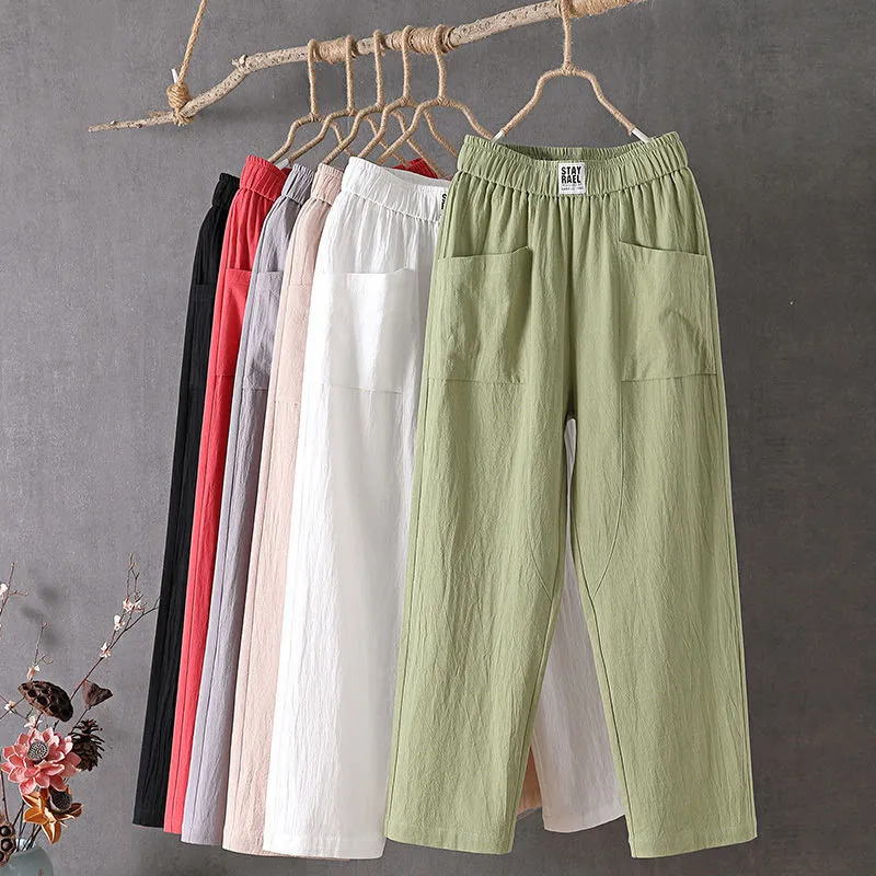 Buddha Stones Summer Pure Color Elastic Waist Cotton Linen Women's Harem Pants With Pockets
