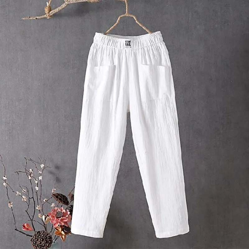 Buddha Stones Summer Pure Color Elastic Waist Cotton Linen Women's Harem Pants With Pockets